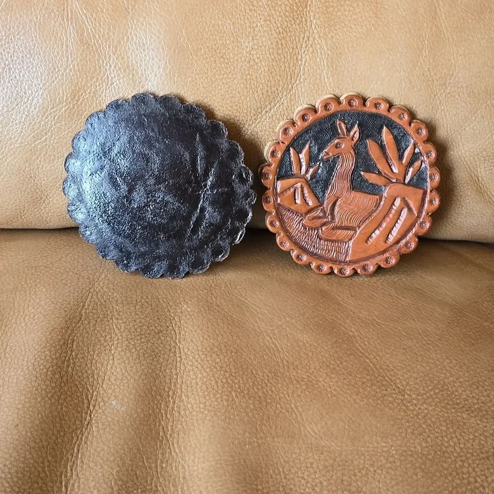 Tooled Leather Coaster Set of 2 | Llama Desert Design | possibly Peruvian